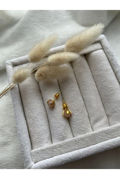 Pembe Kuvars Taşı El Yapımı Altın Top Küpe ürün görseli