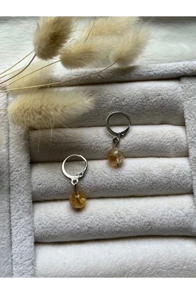 Sitrin Taşı 8 mm Gümüş Kaplama Halka Küpe El Yapımı ürün görseli