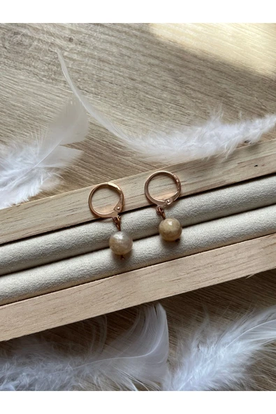 8 mm güneş taşı rose gold kaplama halka küpe el yapımı