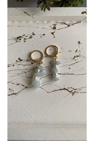 Akuamarin Doğal Taş Inci Detaylı Altın Kaplama Küpe