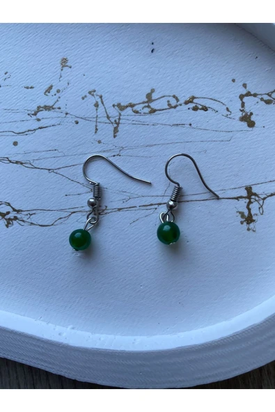 Yuvarlak Yeşim Taşı Doğal Taş Gümüş Sallantı Küpe