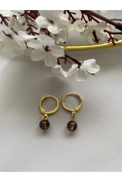 Dumanlı Kuvars Doğal Taş 24 K Altın Kaplama Küpe ürün görseli