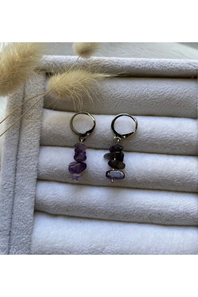 Kırık Ametist Taşı Gümüş Kaplama Halka Küpe