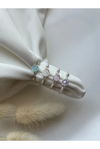 Dörtlü Kristal Gümüş Tel Yüzük Set ( mavi beyaz pembe mor) ürün görseli