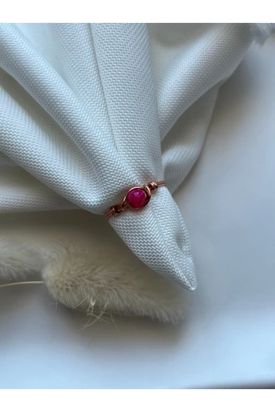 Minimal Pembe Akik Taşı Bakır Tel Yüzük ürün görseli 1
