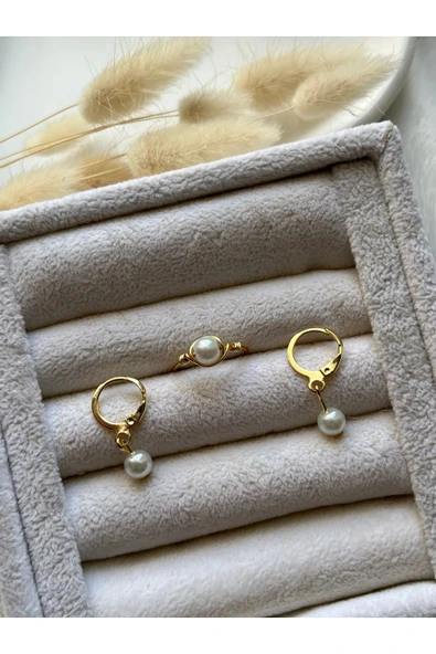 Beyaz Cam İnci Ayarlanabilir Altın Tel Yüzük Küpe Set