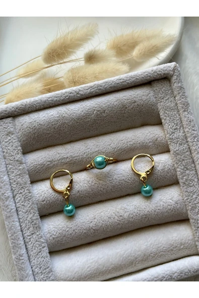 Mavi Cam İnci Ayarlanabilir Altın Tel Yüzük Küpe Set