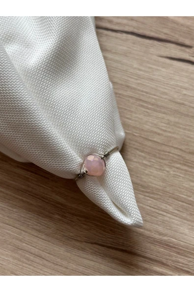 8 mm Pembe Kristal Gümüş Ayarlanabilir Tel Yüzük ürün görseli