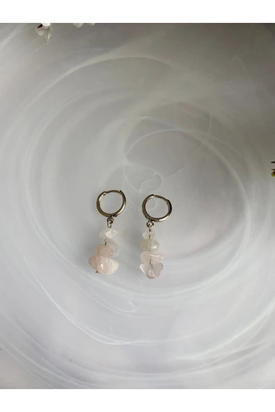 Pembe Kuvars Doğal Taş Rodyum Gümüş Kaplama Küpe