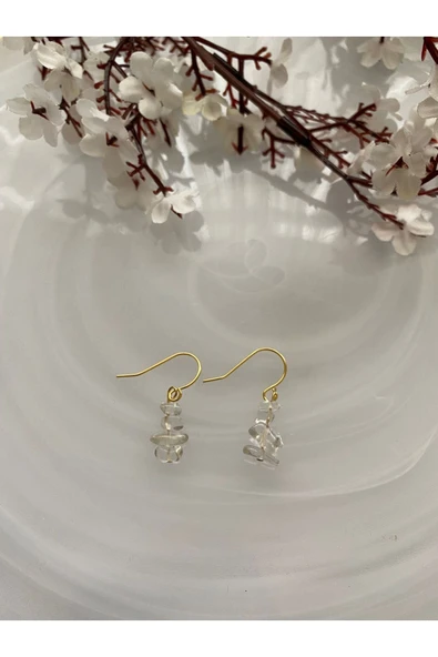 Kristal Kuvars Doğal Taş Sallantılı Altın Küpe