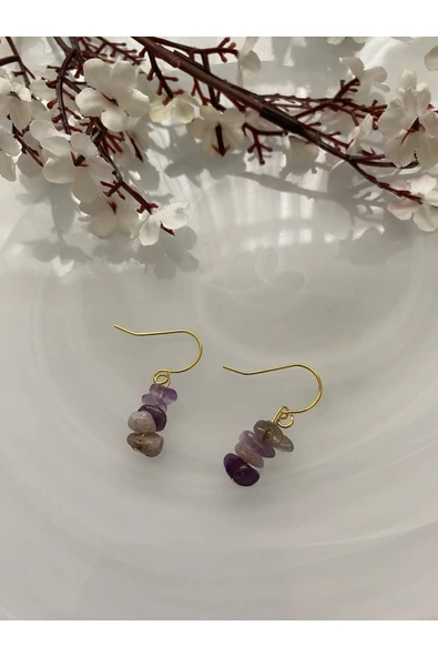 Ametist Doğal Taş Altın Sallantılı Küpe