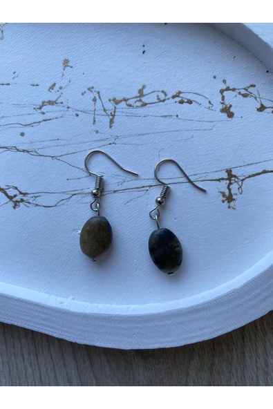 Iri Oval Labradorit Doğal Taş Kancalı Küpe