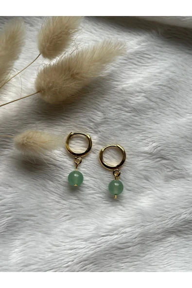 Yuvarlak Aventurin Doğal Taş 24k Altın Kaplama Küpe