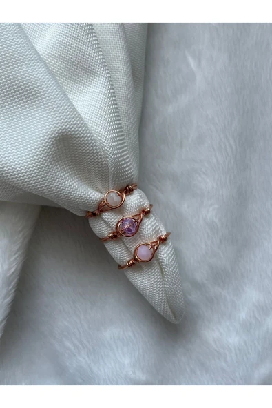 Üçlü kristal minimal bakır tel yüzük seti  (pembe mor beyaz) ürün görseli