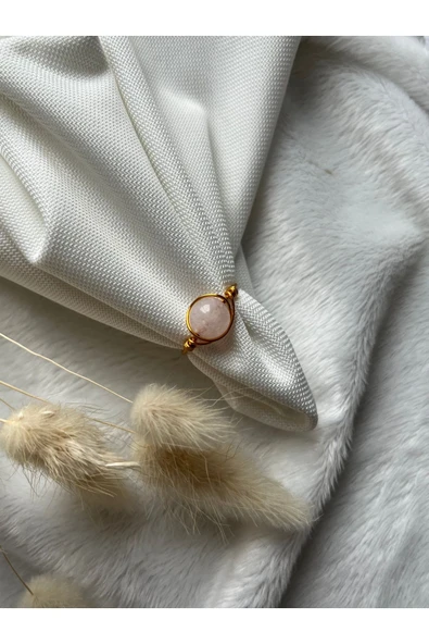 Pembe Kuvars 8mm Ayarlanabilir Altın Tel Yüzük El Yapımı