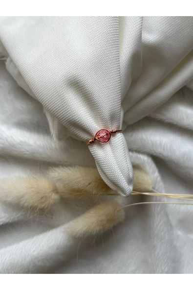 Pembe Kristal Ayarlanabilir Bakır El Yapımı Tel Yüzük ürün görseli 1