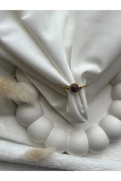 Lepidolit taşı altın renk ayarlanabilir tel yüzük el yapımı ürün görseli 1