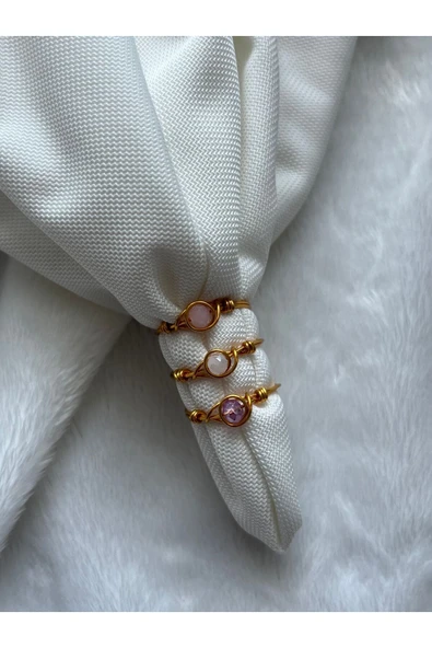 Üçlü kristal minimal altn tel yüzük seti (pembe mor beyaz) ürün görseli