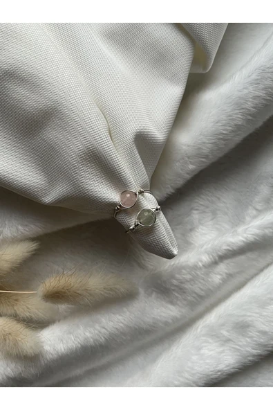 Pembe Kuvars Florit Ayarlanabilir Doğal Taş Ikili El Yapımı Tel Yüzük ürün görseli