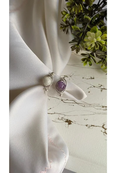 Ametist - Ay Taşı Ikili Doğal Taş Tel Set Yüzük El Yapımı ürün görseli