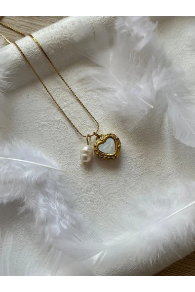 Gerçek İncili Kalp Detaylı Çelik Paslanmaz Kolye ürün görseli 1