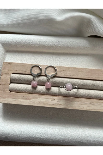 Pembe Opal Taşı Çelik Küpe Yüzük Set El Yapımı ürün görseli
