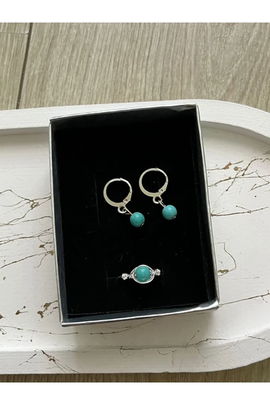 Firuze Doğal Taş Küpe Yüzük Set Gümüş