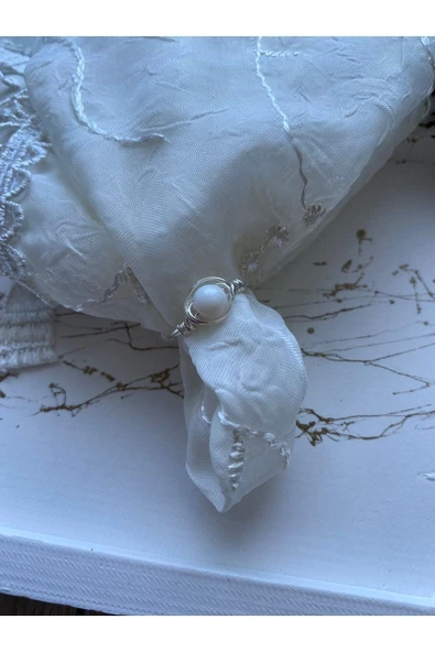 Yuvarlak Sedef Taşı Doğal Taş Gümüş Tel Yüzük El Yapımı