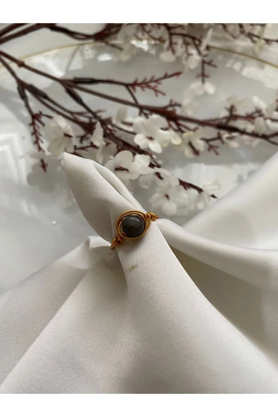 Obsidyen Doğal Taş Altın Tel Yüzük ürün görseli