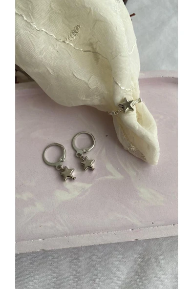 Yıldız Detaylı Küpe Yüzük Set Gümüş Kaplama El Yapımı