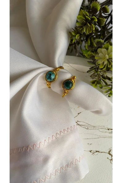 Ikili Ceyt Taşı Yeşil Mavi Altın El Yapımı Tel Yüzük ürün görseli