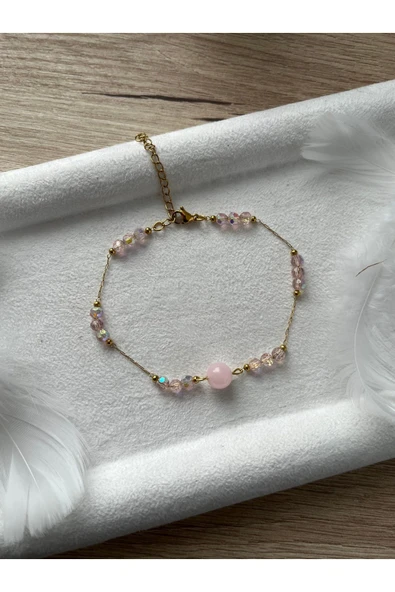 Pembe Kuvars Taşlı Çelik Bileklik - 1