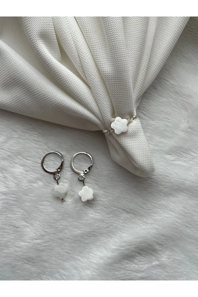 Çiçek Sedef Doğal Taş Küpe Yüzük Set El Yapımı