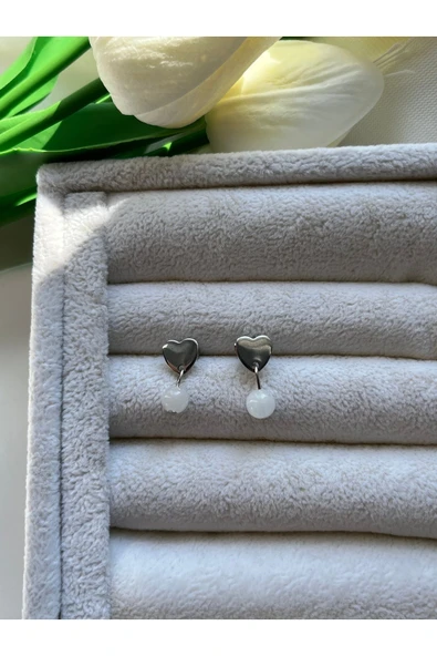 Ay Taşı Kalp Şeklinde Çelik Küpe ürün görseli 1