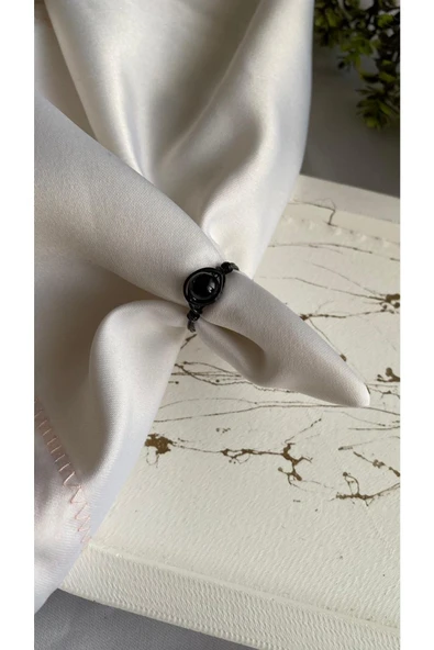 Siyah Oniks Doğal Taş El Yapımı Siyah Tel Yüzük