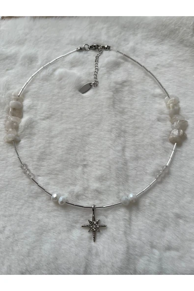 Kutup Yıldızlı Ay Taşı Doğal Taş El Yapımı Tasarım Kolye ürün görseli 1