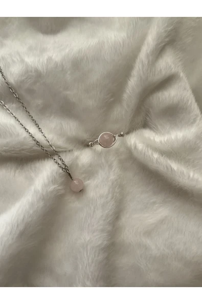 Pembe Kuvars Kolye Yüzük Set El Yapımı Doğal Taş