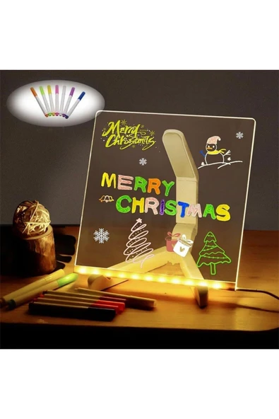 LED Işıklı Kendiliğinden Renkli Fosforlu Kalemli Kare Yazı Panosu 20x20 cm