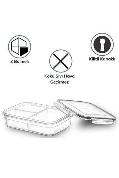 3 Bölmeli Kilitli Kapaklı 1 Litre Erzak Saklama Kabı Lc-510 - 3