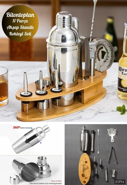 Kokteyl Shaker Seti 11 Parça Paslanmaz Çelik Bambu Standlı Kokteyl Yapma Kiti Bambu  Barmen Seti - 2