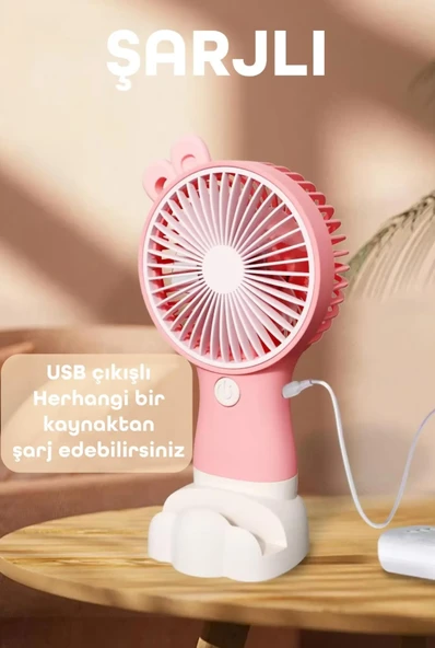 Şarjlı Telefon Standlı Mini El Fanı Sessiz Taşınabilir Masa Vantilatörü Pembe - 3
