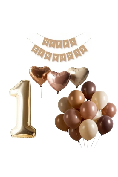 1 Yaş Retro Kahverengi Ten Deniz Kumu Balon Krem Karamel Bej Kalp Krem Rakamlı Doğum Günü Balon Seti