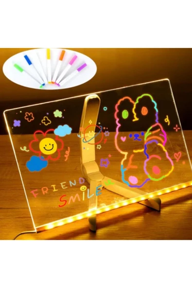 LED Işıklı Kendiliğinden Renkli Fosforlu Kalemli Dikdörtgen Yazı Panosu 20x30 cm