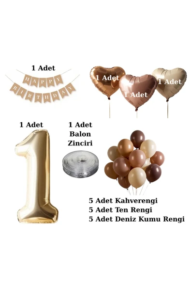 1 Yaş Retro Kahverengi Ten Deniz Kumu Balon Krem Karamel Bej Kalp Krem Rakamlı Doğum Günü Balon Seti - 2