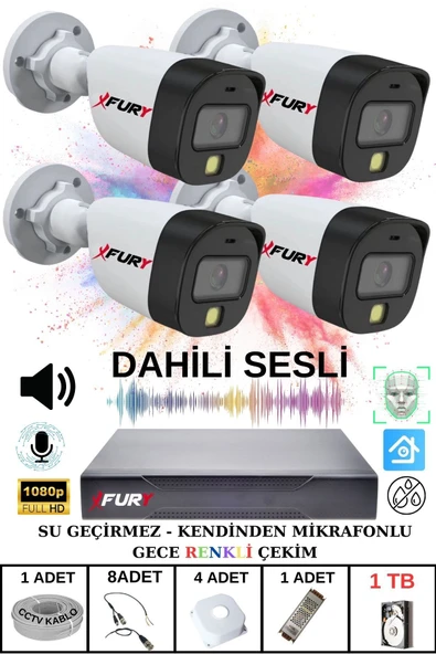 FURY 4 LÜ Sesli Gece Renkli Görüş Güvenlik Kamerası Su Geçirmez Güvenlik Kamerası Seti 1TB - 2