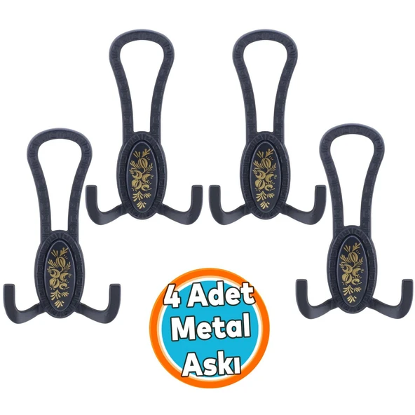 Mobilya Portmanto Vestiyer Duvar Banyo Askısı Metal Dolap Elbise Askılığı Mat Siyah Desenli 4 Adet