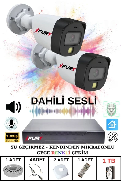 FURY 2 li Sesli Gece Renkli Görüş Güvenlik Kamerası Su Geçirmez Güvenlik Kamerası Seti 1TB - Resim 2