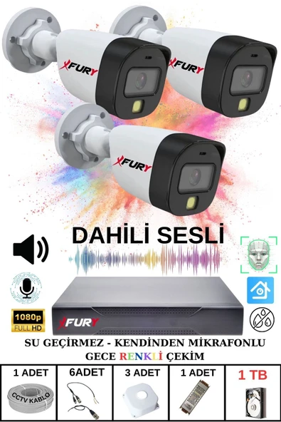FURY 3 LÜ Sesli Gece Renkli Görüş Güvenlik Kamerası Su Geçirmez Güvenlik Kamerası Seti 1TB - Resim 2