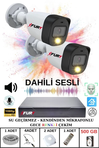 FURY 2 li Sesli Gece Renkli Görüş Güvenlik Kamerası Su Geçirmez Güvenlik Kamerası Seti 500GB ürün görseli