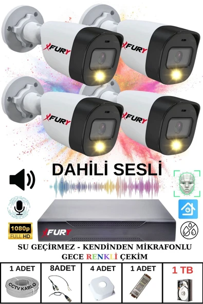 FURY 4 LÜ Sesli Gece Renkli Görüş Güvenlik Kamerası Su Geçirmez Güvenlik Kamerası Seti 1TB
